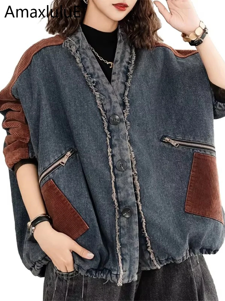 

Amax luluE 2024 Winter Ladies Fashion Padded Denim Parkas Womens Loose Warm Vintage Jackets Casual V Neck Big Size Thicken Coats