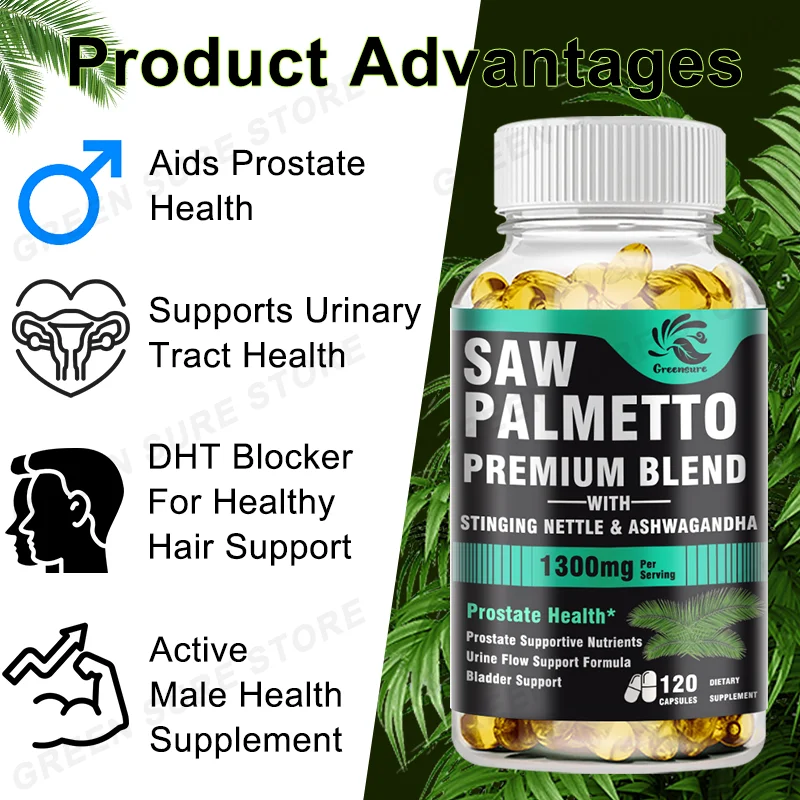 GREENSURE Men's Saw Palmetto, Stinging Nettle, Ashwagandha, Lycopene - Bladder and Urinary Relief, Men's Prostate Supplement