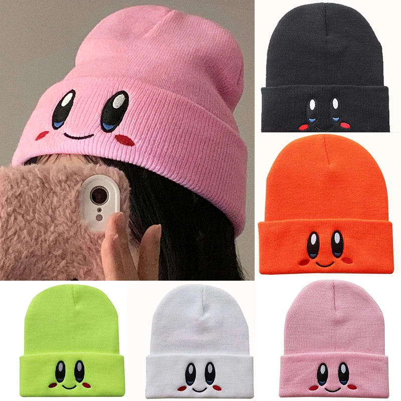 Nova moda kirbys beanies skullies adorável rosto bordado chapéu de malha gorro boné skullie esqui quente unisex gorro acessórios