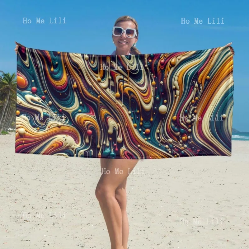 Serviette côtière fascinante et audacieuse pour la plage, flux fondu, pour les amateurs d'art fluide, sarcelle profonde, or, ivoire, rouge, tourbillon, bord de piscine