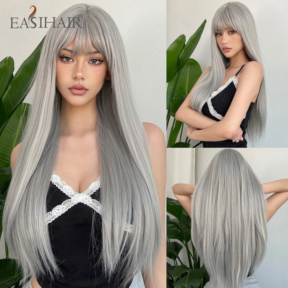 

EASIHAIR Silver Gray Lolita Cosplay Wig Long Silky Straight Synthetic Wigs with Bangs for Women Daily Use Natural Heat Resistant