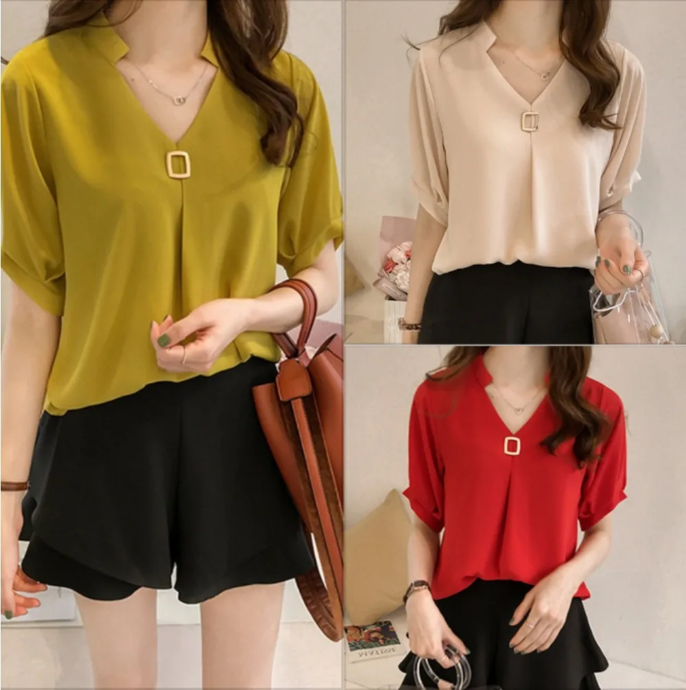 

Fashion Chiffon Shirt Women Solid Color Casual V-neck Base Short Sleeve Top Blouse