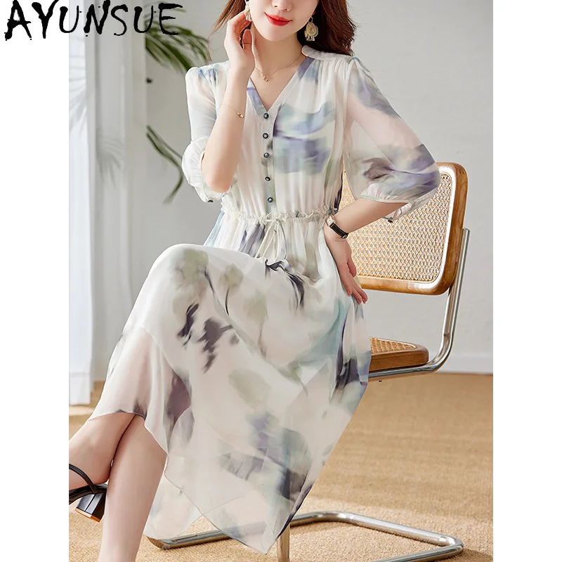 AYUNSUE 100% Mulberry Silk Mid-length Dresses for Women Slimming Summer Dress Women Printed Female Clothing 2026 Платье Женское