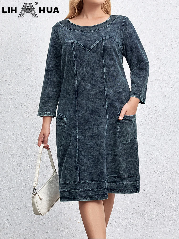 LIH HUA feminino plus size denim vestido outono algodão malha tripulação pescoço casual vestido de moda