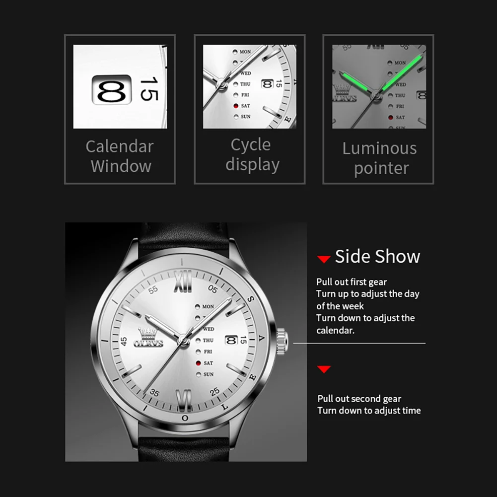 OLEVS 남성용 시계, 오리지널 패션 브랜드, 쿼츠 시계, 야광 달력, 방수 가죽 스트랩, 박스 포함