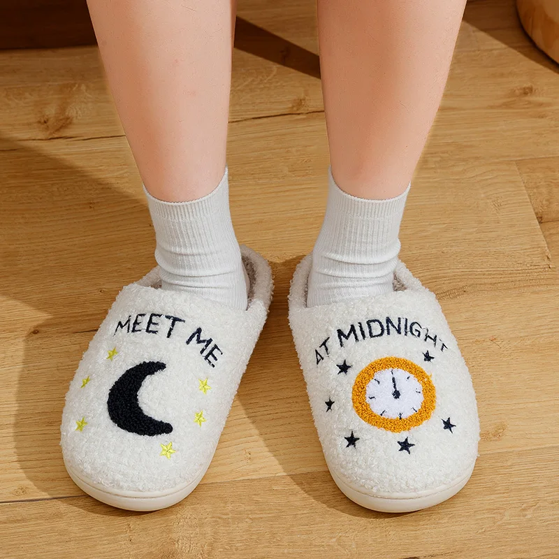 Warm Slippers  Cushion Slides Meet Me At Midnight Soft Warm Comfort Flat Cozy Fuzzy Woman House Slippers Funny Shoes