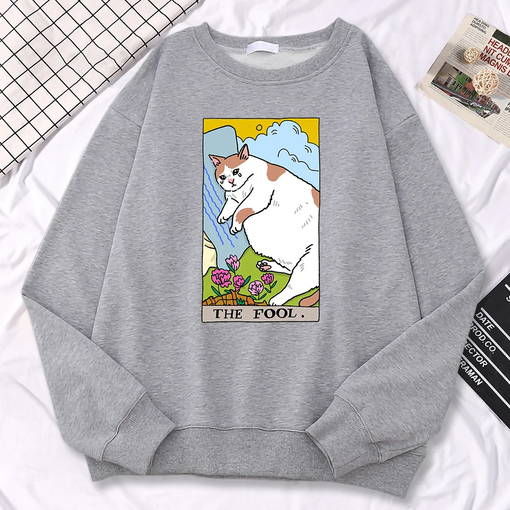 Autumn Sweatshirts For Women The Fool Sad Cat Meme Printing Hoodies Comfortable All-Math Pullovers Crewneck Loose Female Clothes