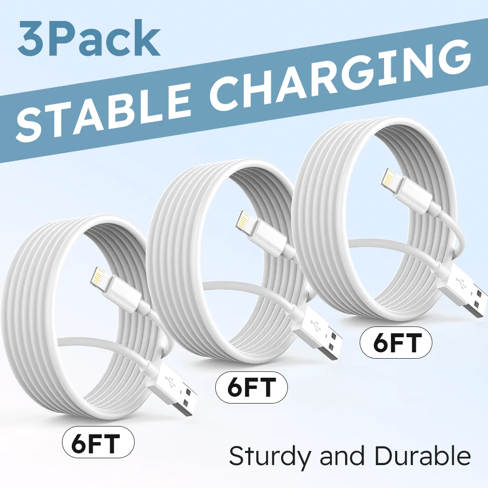 3PCS 3 IN 1 USB Charging Cable USB A To Lightning Cable Charger Cable Data Cord Charging Cords Data Cable For iPhone, AirPods, White