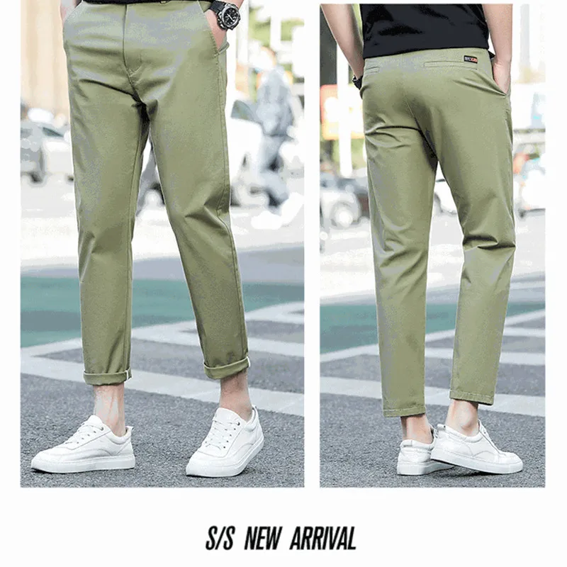 Summer Ankle Length Casual Pants Mens Clothing Stretch Black Green Suit Trousers For Men Korea 2022 Breathable Designer Pants