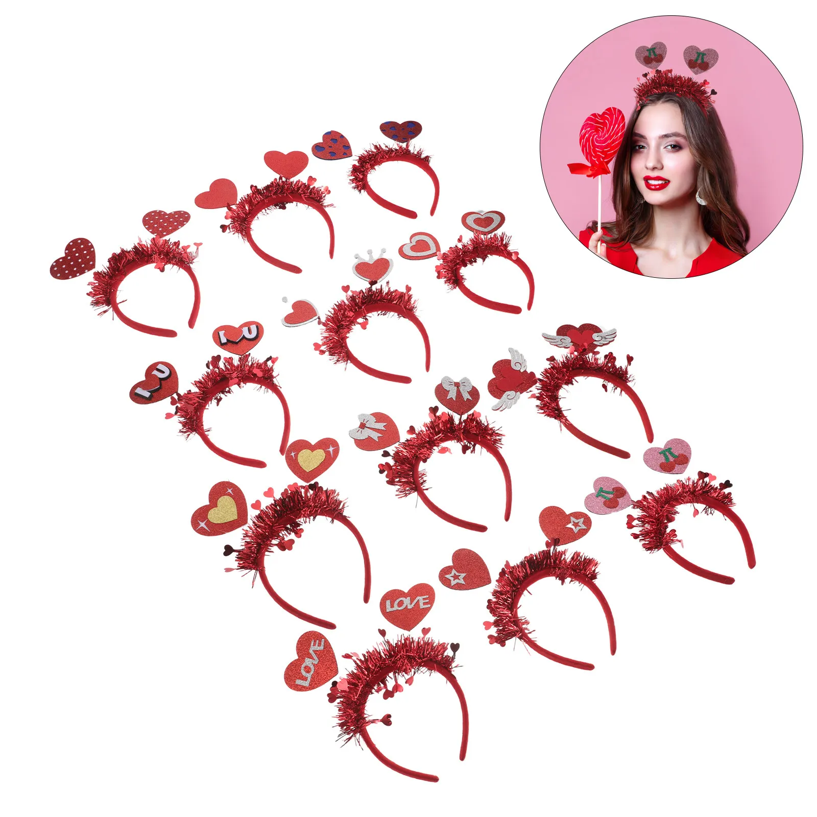 

Набор из 12 повязок на голову в форме сердца ко Дню святого Валентина - легкие блестящие головные уборы в форме сердца для женщин, для вечеринок, свадеб и фестивалей