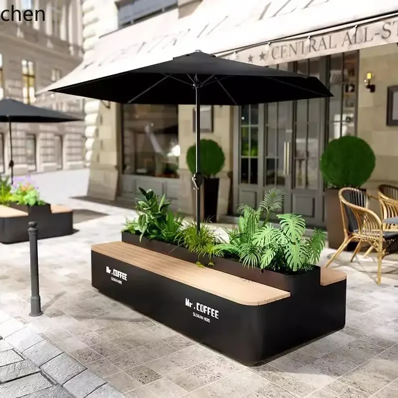 Outdoor Bench Flower Box Set Outdoor Iron Art Flower Bed with Seat Partition Flower Box Rest Bench