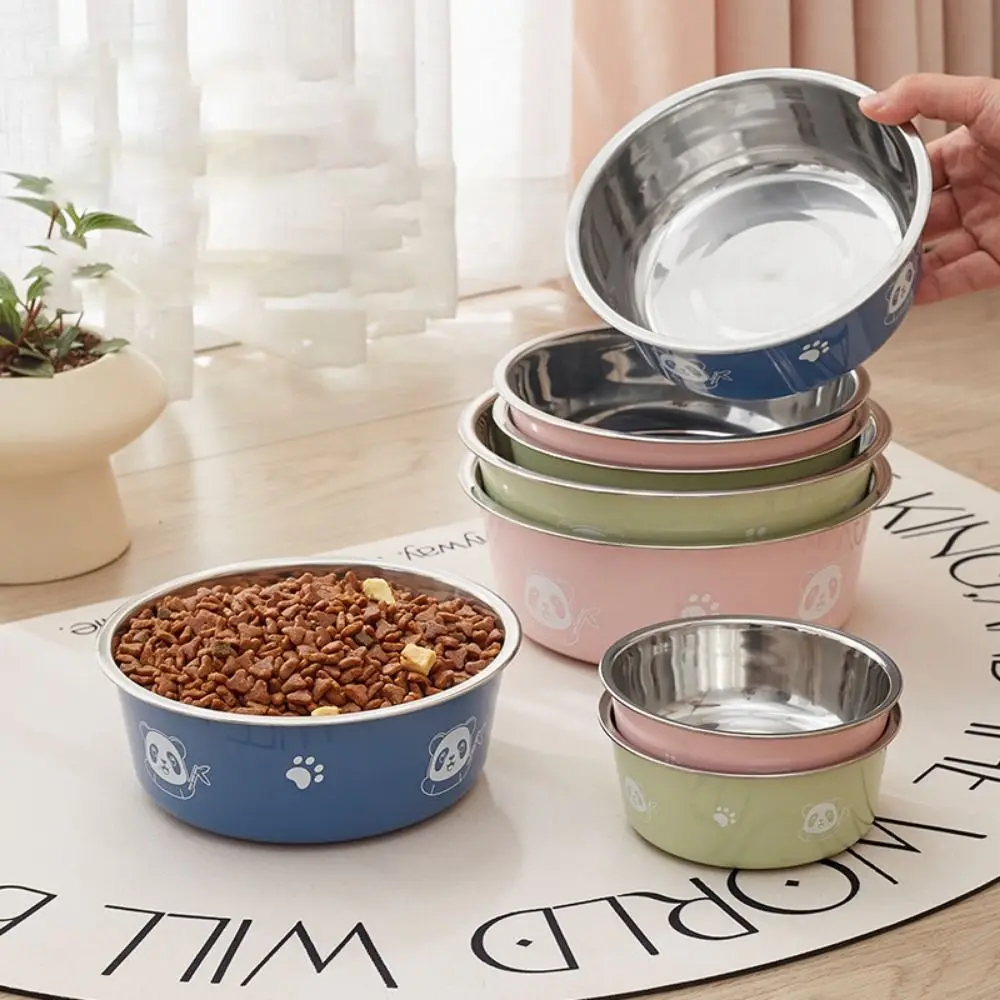 Cartoon Stainless Steel Dog Bowl Panda Pattern Non-slip Cat Feeding Bowl Anti rollover Pet Feeding Bowl Dogs Food Water Feeder