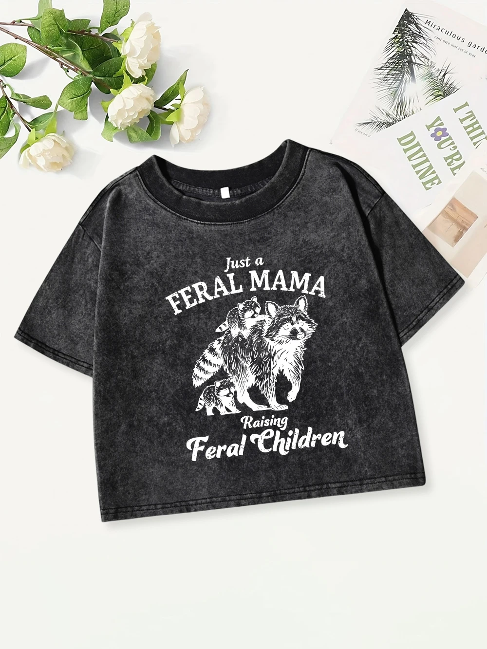 Summer Cotton Crop Tops Women Feral Mama Raising Feral Ehildren Prints Washed T-Shirt Y2K O-Neck Regular Fit Tees Casual Clothes