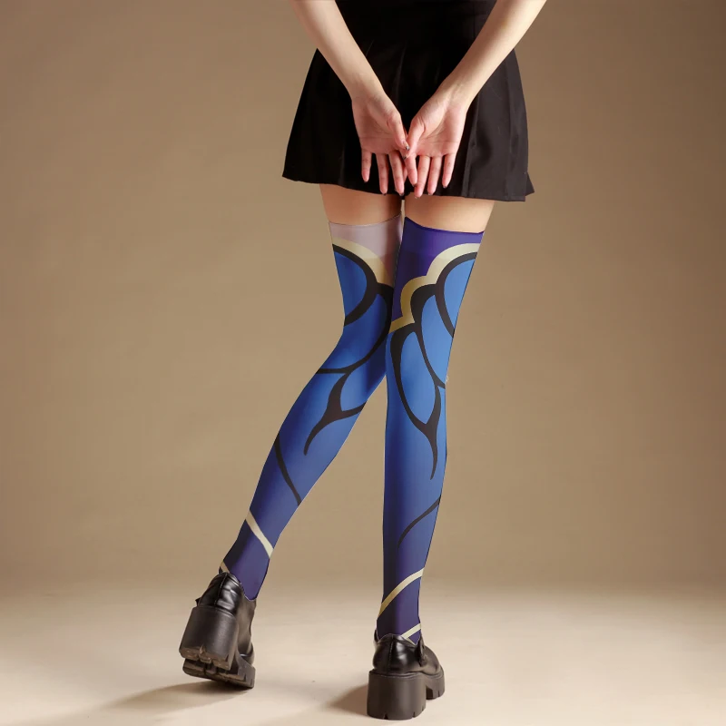 Fashion sexy blue ladies printed stockings 3D printed thigh socks two-dimensional anime style calf socks cosplay