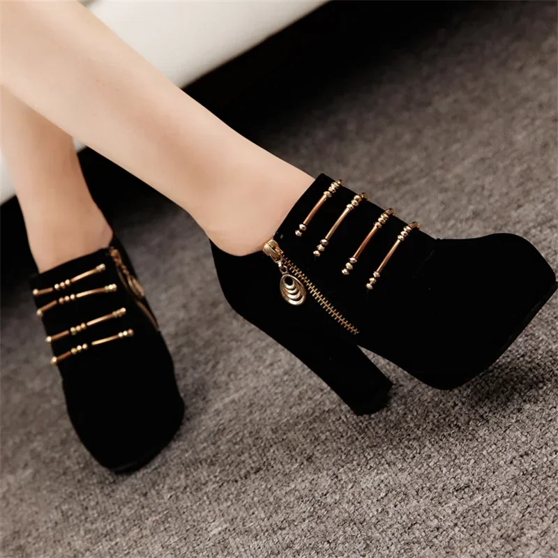 Ankle Boots Women High Heels Shoes Thick Sole Booties Sexy Fashion Chain Decorate Patchwork Lace Up Ankle Boots
