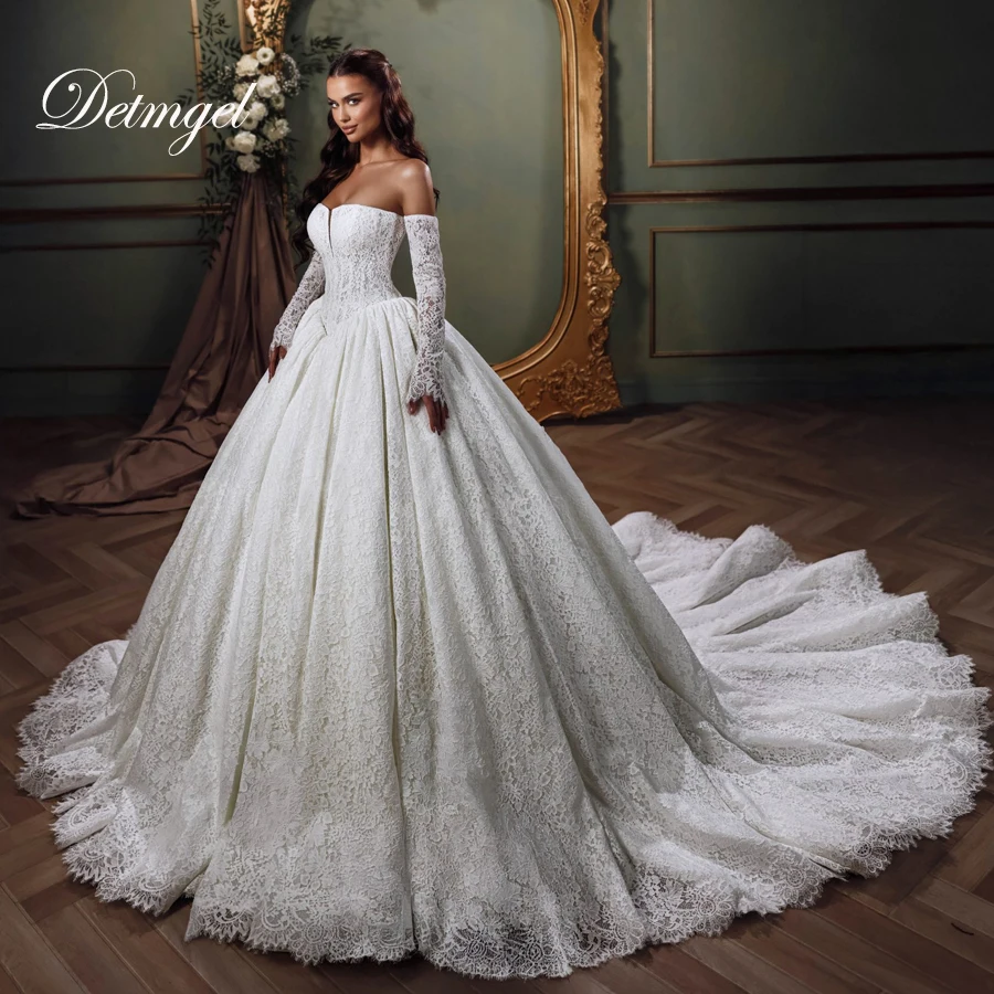 

Detmgel New Classic A-Line Wedding Dresses Simple Strapless Soft Lace Detachable Sleeve Court Train Vestido De Noiva Customized