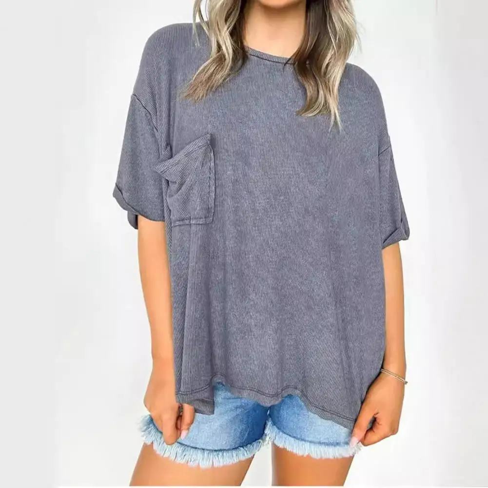 

Женская футболка с круглым вырезом, свободная футболка из мягкого вискозного волокна с накладными карманами, Стильная летняя коллекция