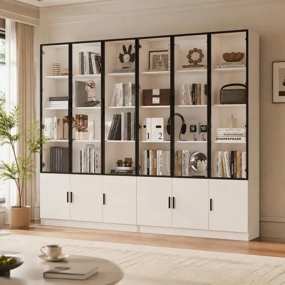 Vitrine haute 240 x 32 x 200 cm en MDF et verre transparent avec douze portes à fermeture amortie, armoire polyvalente blanche avec plusieurs compartiments et sécurité anti-chute pour salon