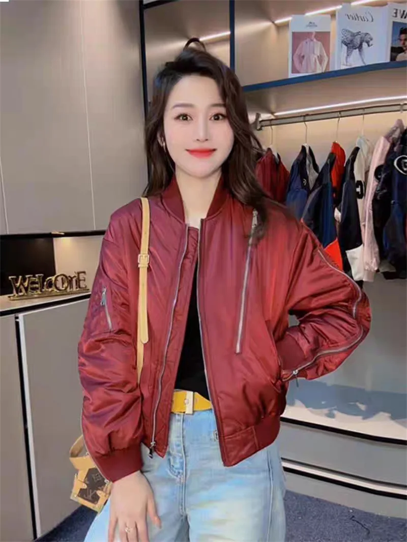 

Bomber Jackets Brown Womens Fall Satin Stand-Collar Glitter Sequined Clubwear Party Festival Buttoned Pleated Present Unique Ins