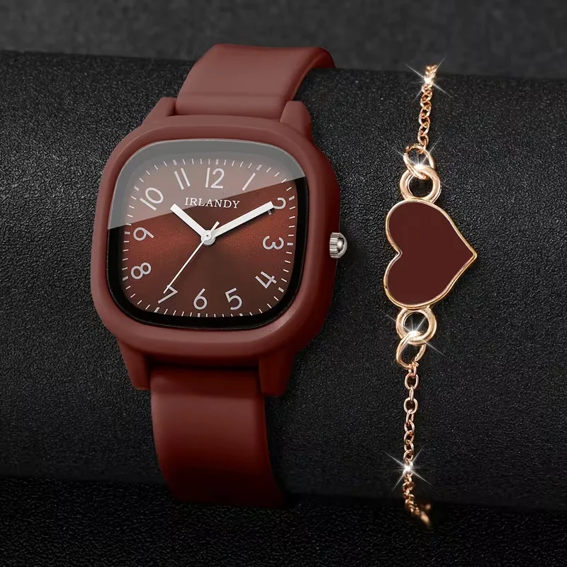 2PCS Fashion Arabic Dial Women Quartz Watch Heart Bracelet Set Square Silicone Strap Wristwatches Reloj Mujer (Without Box)