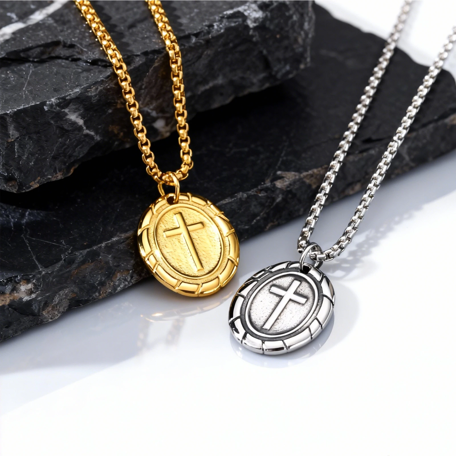 Men\'s Retro Silver Color Stainless Steel Cross Pendant Necklaces,New Punk Religious Faith Collar Gifts to Him Jewelry