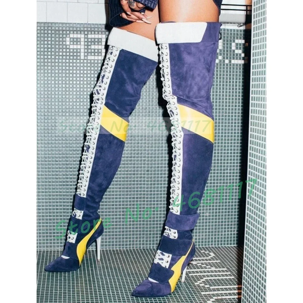 

Разноцветные замшевые сапоги до бедра, женские модные зимние сапоги с перекрестной завязкой спереди и поясом, длинные туфли для подиума в стиле пэчворк с острым носком