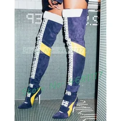 Multicolor Suede Thigh High Boots Women Trendy Front Cross Tied Winter Heels Belt Boots Point Toe Patchwork Catwalk Long Shoes