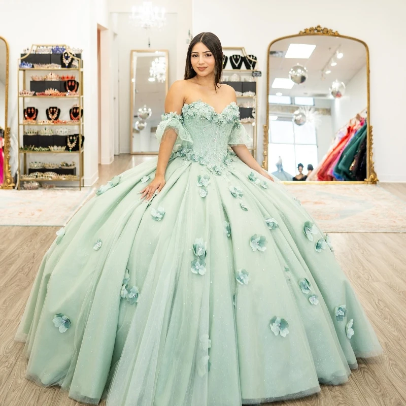 

Luxury Sage Green Shiny Sweetheart Quinceanera Dresses Flower Appliques Sweet 16 Dress Vestido De 15 Anos Lace-Up Prom Party Dre