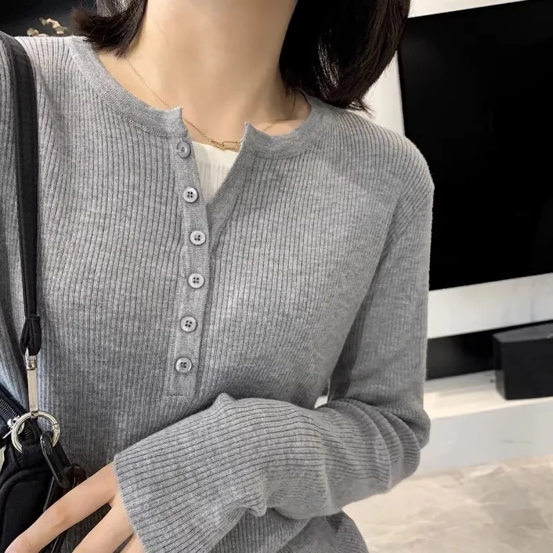 Fashion Korean version half open collar fake two cashmere knitwear women with spring autumn look slim inside with wool sweater