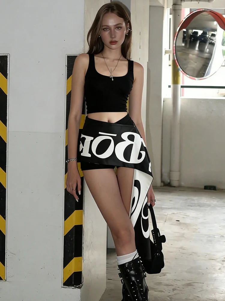 

Стильная женская юбка с буквенным принтом и асимметричными лентами, в стиле хип-хоп, с цветовыми блоками, мини, сексуальная, облегающая, уличная мода