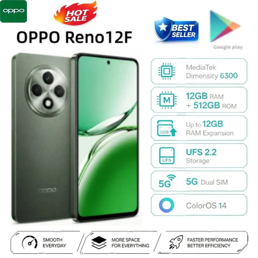 2026 new OPPO Reno12 F 5G Phone, 12GB RAM 512GB Storage, 6.67-inch 120Hz OLED, 50MP Triple Camera, 5000mAh, 45W SUPERVOOC Charge