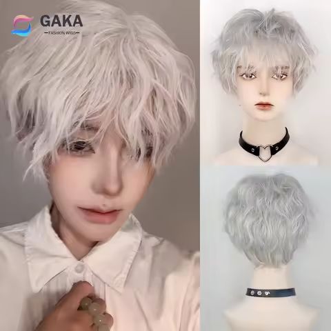 MSIWIGS White Gray Short Curly Synthetic Wig with Bangs Anime Cosplay Fluffy Women and Men Hair Heat Resistant Wig for Party