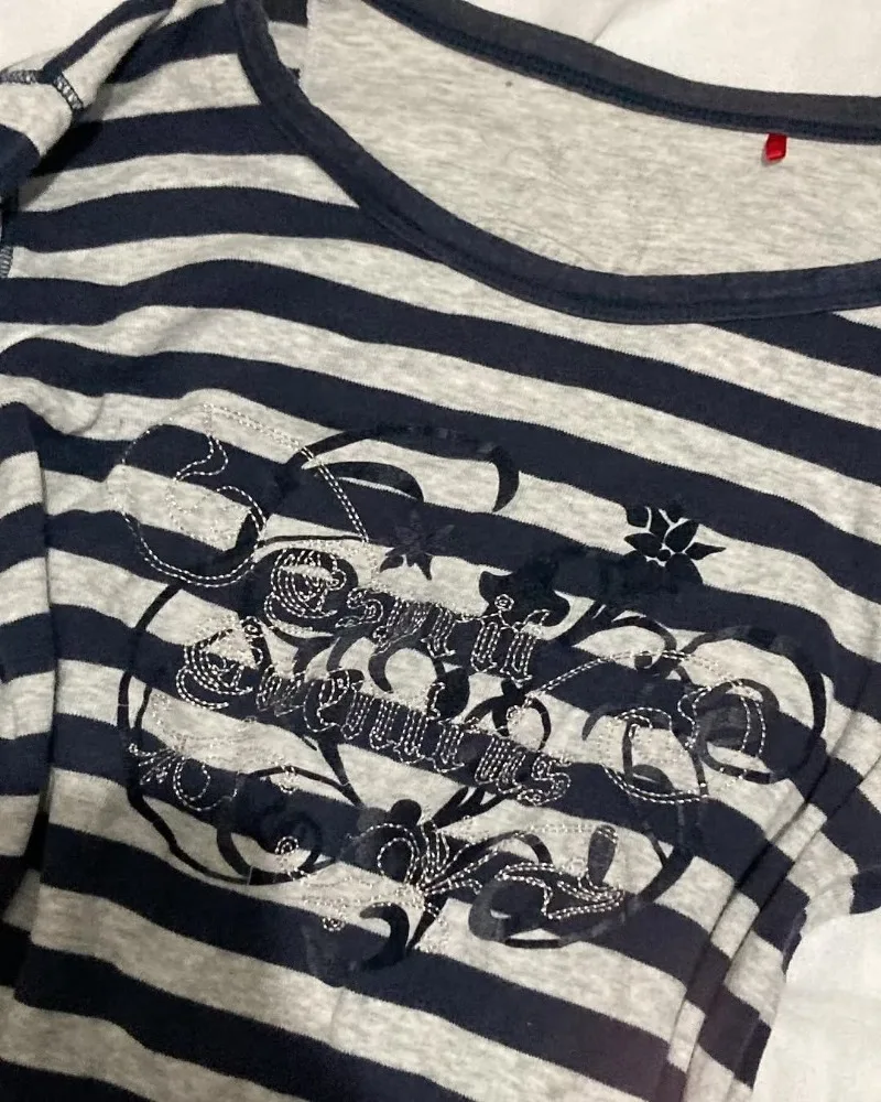Kimotimo Punk Print Striped Long Sleeve T-shirt Women Autumn Winter New Slim Waist Casual Base Tops Harajuku Vintage Grunge Tees
