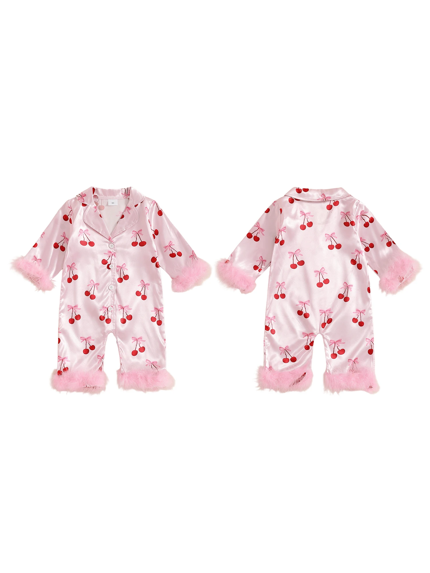 

Шелковый пижамный комплект для маленьких девочек с длинными рукавами и вишневым принтом, отделкой из искусственного меха на воротнике и манжетах для уютной одежды для сна