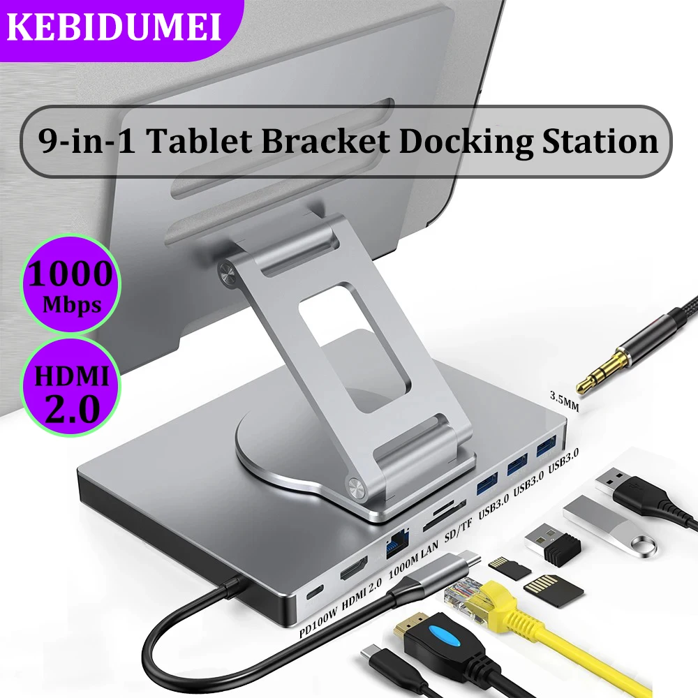 9-in-1 Tablet Bracket Docking Station USB C Docking Station USB C HUB Type C to HDMI2.0 4K60Hz USB3.0 5G 1000M Ethernet Adapter