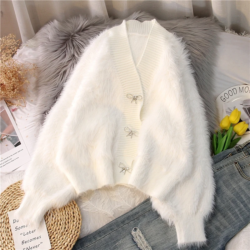 Pink mink fluffy clothes women\'s coat autumn and winter women\'s new loose V-neck short sweater cardigan