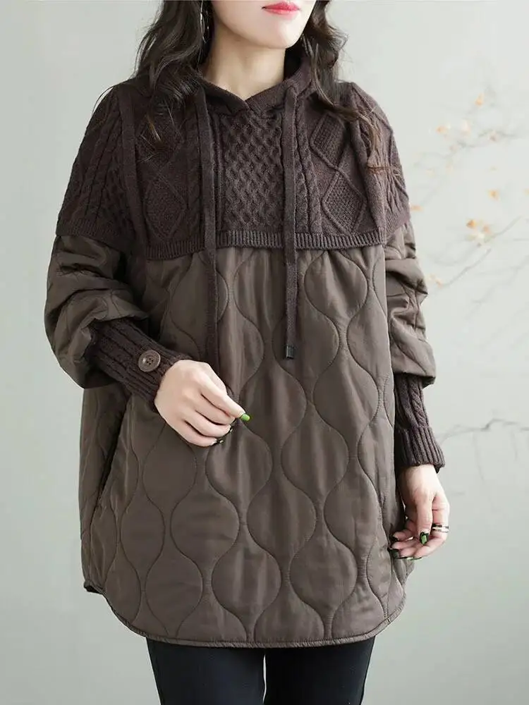 Amax LuluE Winter Fashion Clothes Womens Loose Warm Hooded Knitted Padded Hoodies Ladies Casual Vintage Thicken Long Sweatshirts