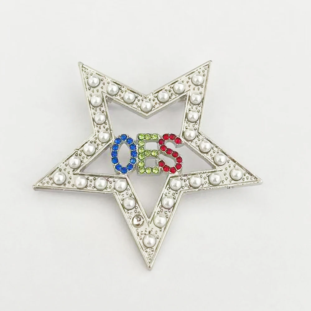 أحدث اللؤلؤ الأبيض حجر الراين الخماسية نجمة الماسونية النظام من النجم الشرقي اليونانية نادي نسائي OES رسالة مجوهرات بروش دبوس #2