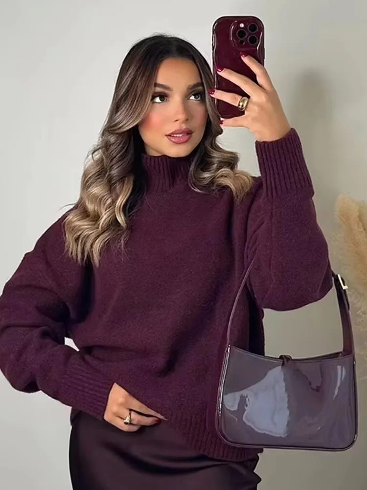 HH Autumn Winter Women Elegant Burgundy Turtleneck Sweater Loose Casual Long Sleeve Knitted Pullover Solid Basic Chic Top