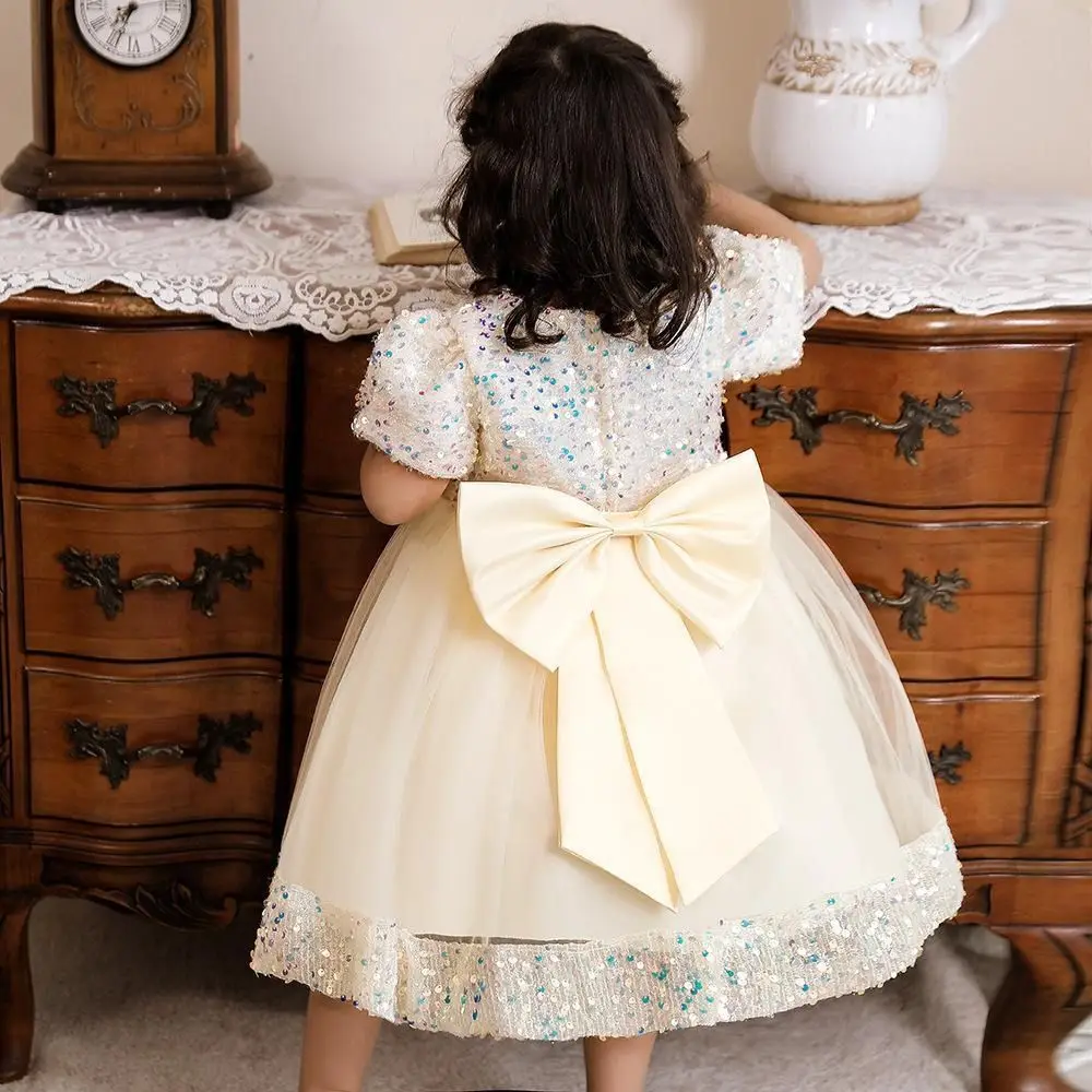 Fashion Puff Sleeve Girls Princess Evening Dress Bowknot Shiny Glitter Summer Lace Dress Sweet Flower Party Dress Skirt Party