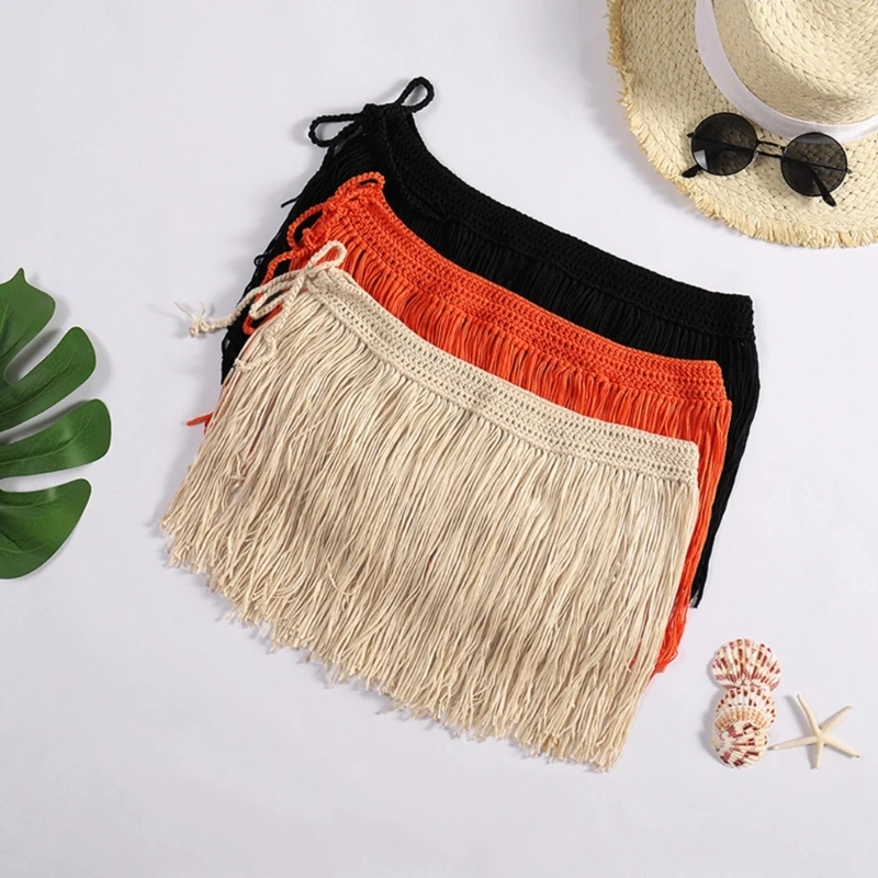 Womens Boho Beach Tassel Mini Skirt Music Festival Party Club Hip Scarf Belt Wrap Skirt Crochet-Cover Up Skirt Swimwear