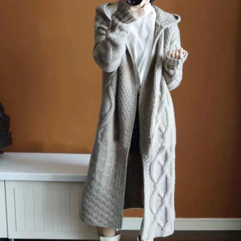 

Fashion Winter Warm Women Long Sleeve Loose Cardigan Sweater Solid Color Elegant Casual Knitted Top Autumn Hooded Knitwear