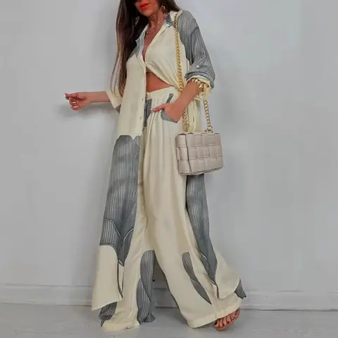 Women Pant Sets Print Long Shirts Two Piece Single Breasted T Shirt Fulls Sleeve Loose Elegant Wide Leg Pants Patchwork