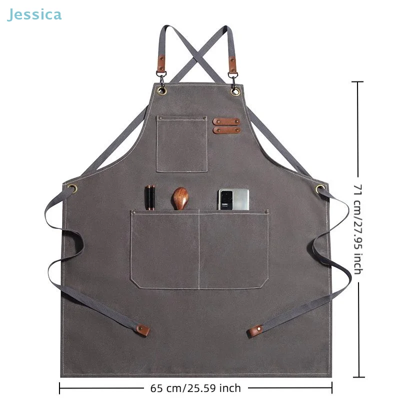 ♥Black Denim Apron with Multiple Pockets Adjustable Straps & Leather Accents, Ideal for Kitchen,Barista,Craft & Workshop Use view 6