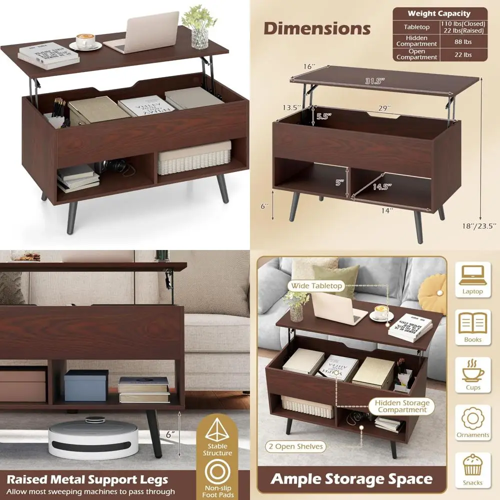

Modern Flip Top Coffee Table with Hidden Storage and 2 Shelves, Wooden Pull, Contemporary Cocktail Table for Living Room