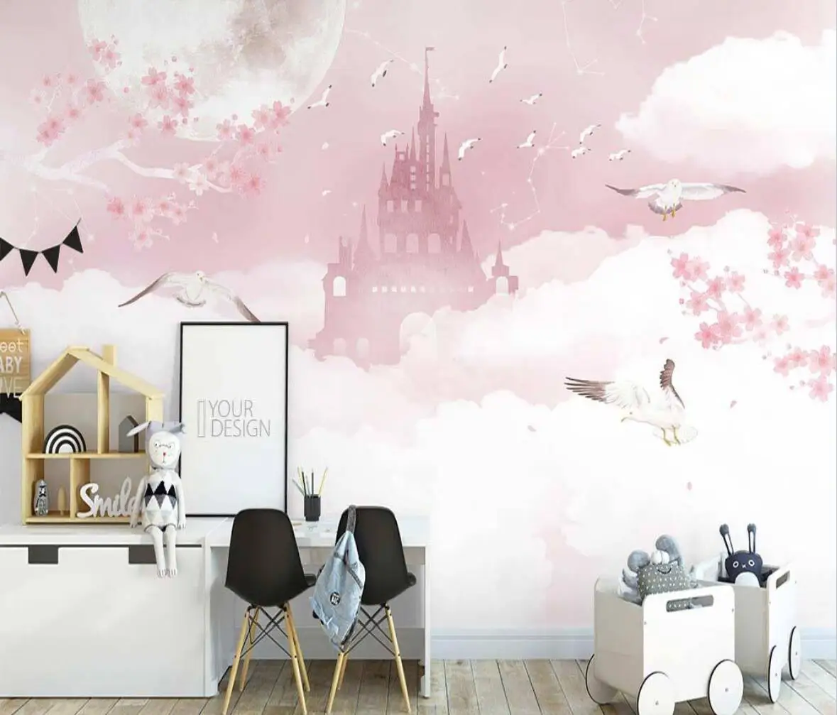 

beibehang papel de parede Custom wallpaper mural hand painted pink sea of clouds cute castle flowers background wall