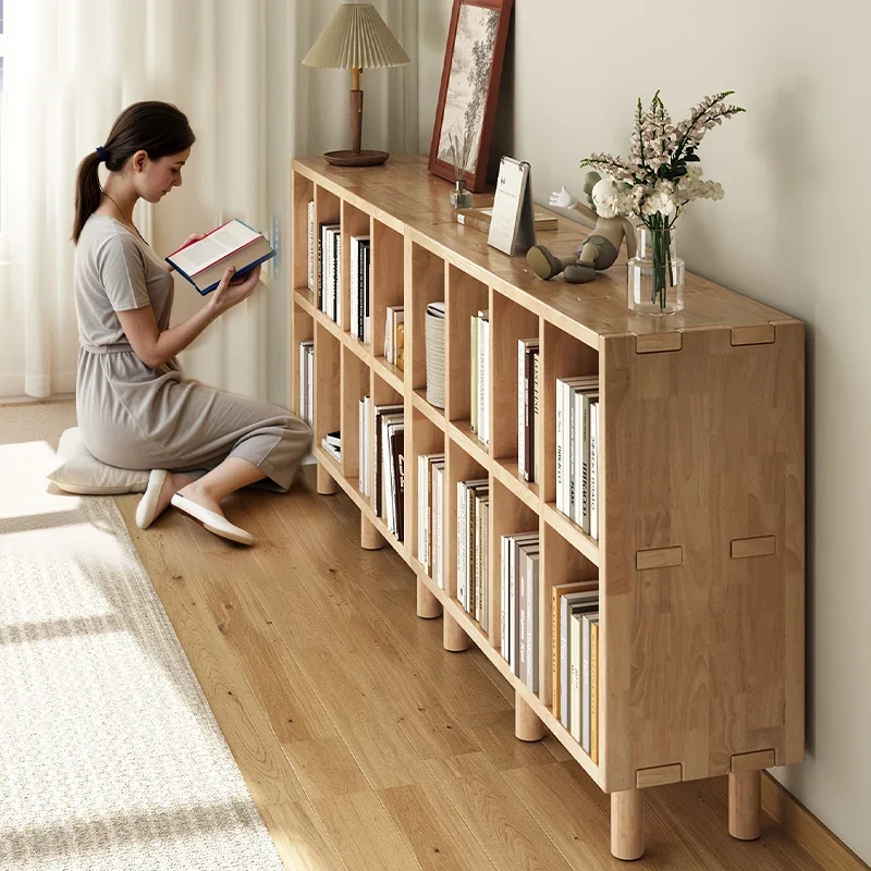 

All solid wood bookshelf, floor-to-ceiling shelf integrated against the wall, solid wood bookcase grid against the wall,