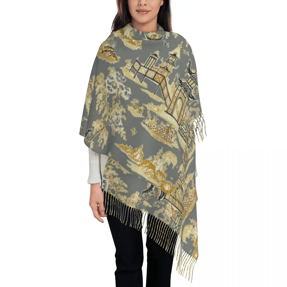 Vintage Pagoda Garden Teahouse Tassel Scarf Women Soft Gray and Gold Chinoiserie Shawl Wrap Lady Winter Scarves