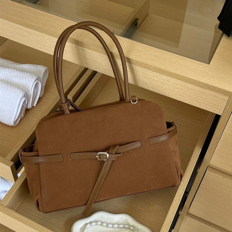 

European America Retro Belt Buckle Handbag High-quality Large-capacity Suede Crossbody Bag New Solid-color Versatile Casual Bag