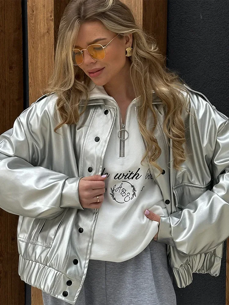 Street PU Leather Jackets Women Lapel Long Sleeves Single Breasted Pockets Coats Female 2025 Autumn Fashion New Lady Outerwear
